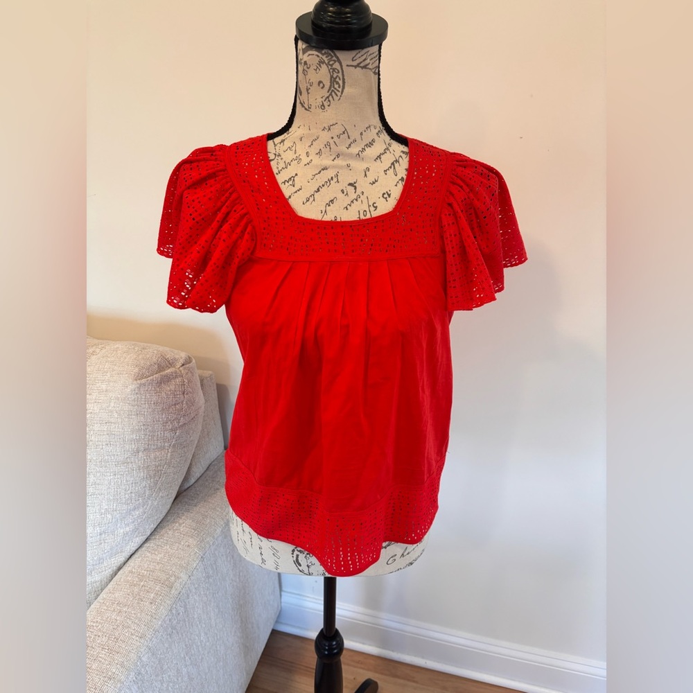 Pepin Anthropologie red orange eyelet flutter sleeve blouse size XS